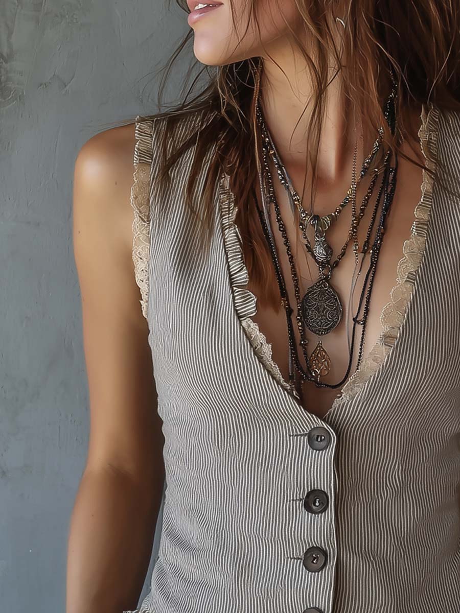 Vintage Lace Trim Striped Vest - Image 2
