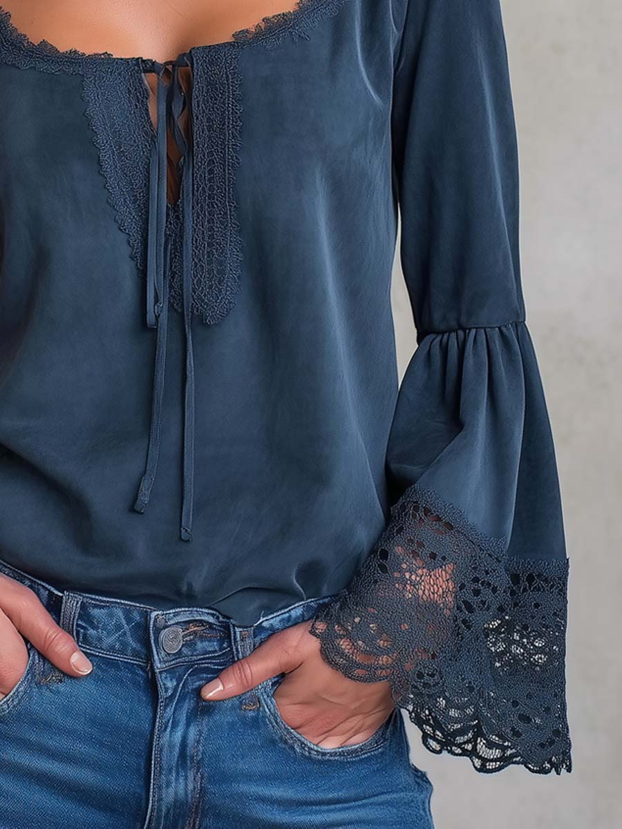 Vintage Lace-trimmed Polyester Suede Blouse - Image 3