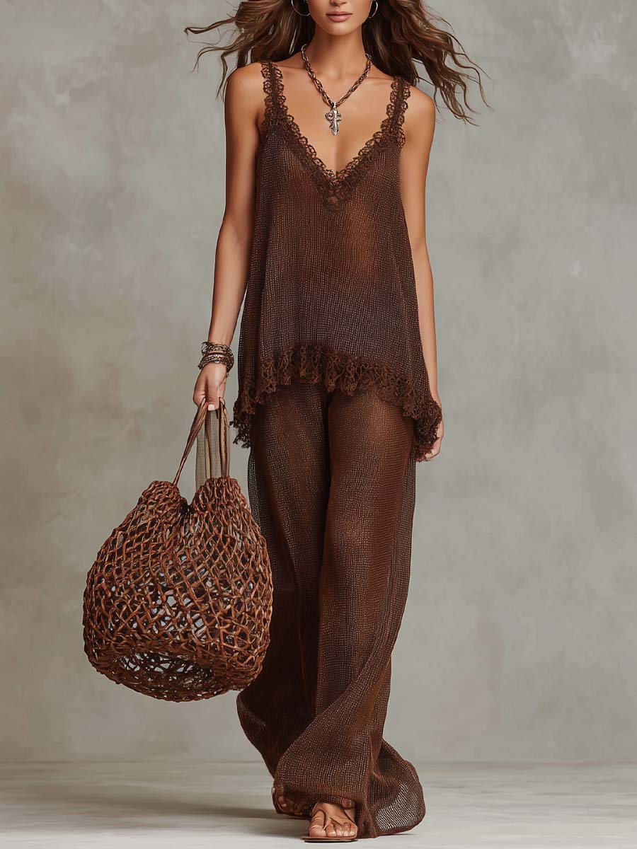 Vintage Lace-trimmed Shimmering Knit Tank Top - Image 2