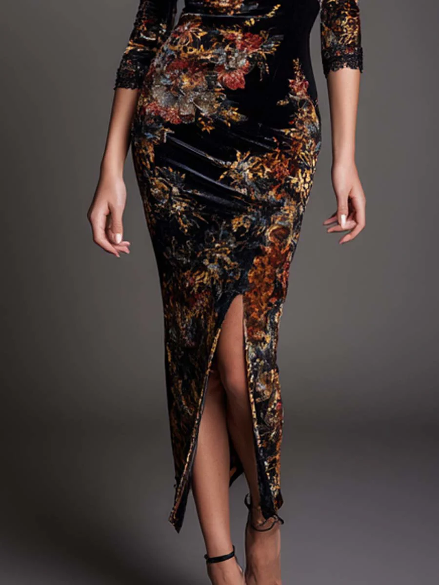 Vintage Lace-trimmed Slit Hem Floral Leopard Print Polyester Satin Midi Dress - Image 3