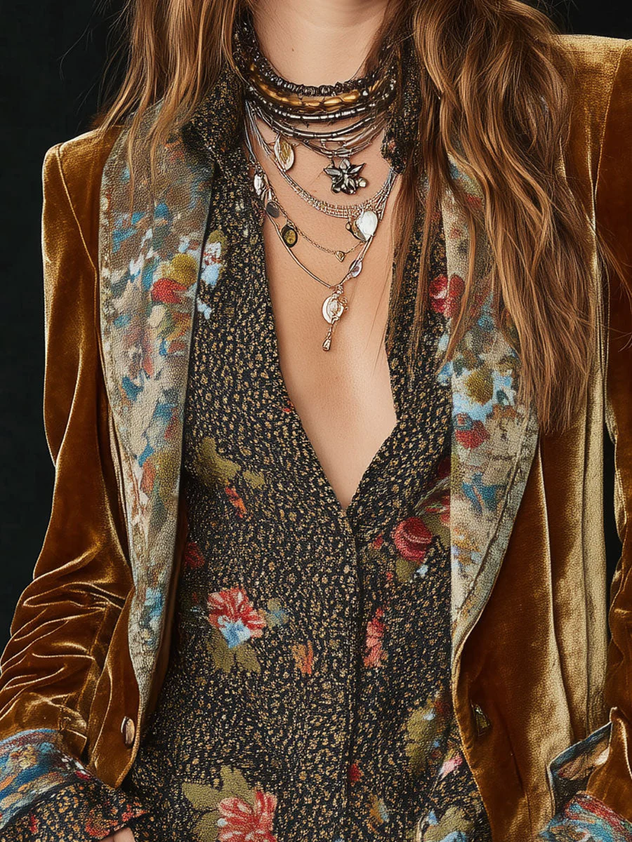Vintage Lapel Velvet Floral Print Patchwork Blazer - Image 2