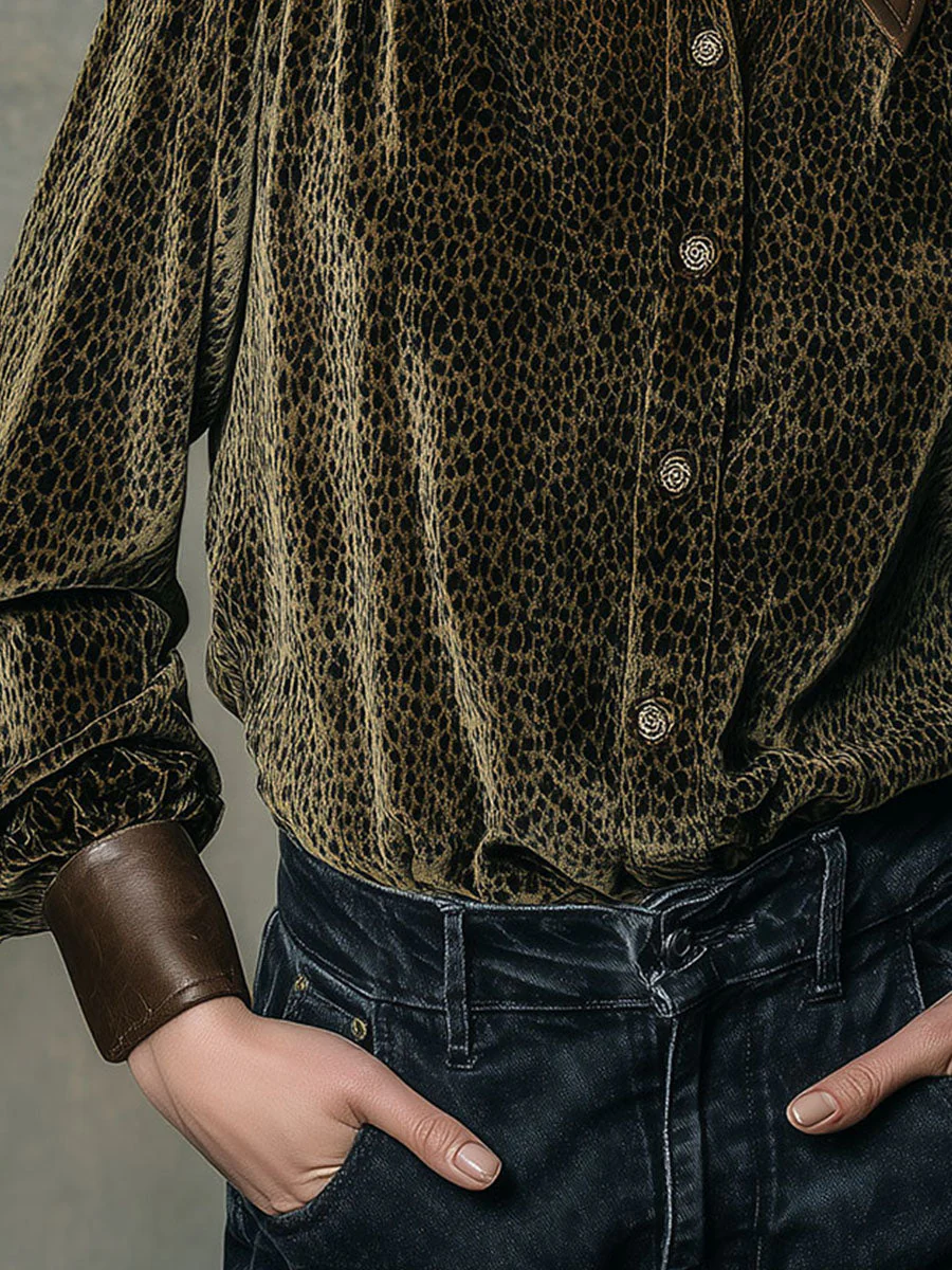 Vintage Leather Collar & Cuffs Leopard Print Velvet Button-Up Shirt - Image 2