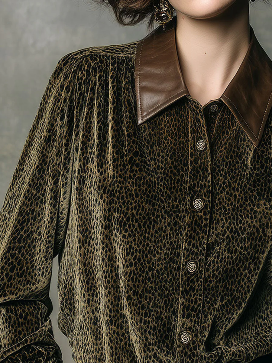 Vintage Leather Collar & Cuffs Leopard Print Velvet Button-Up Shirt - Image 3