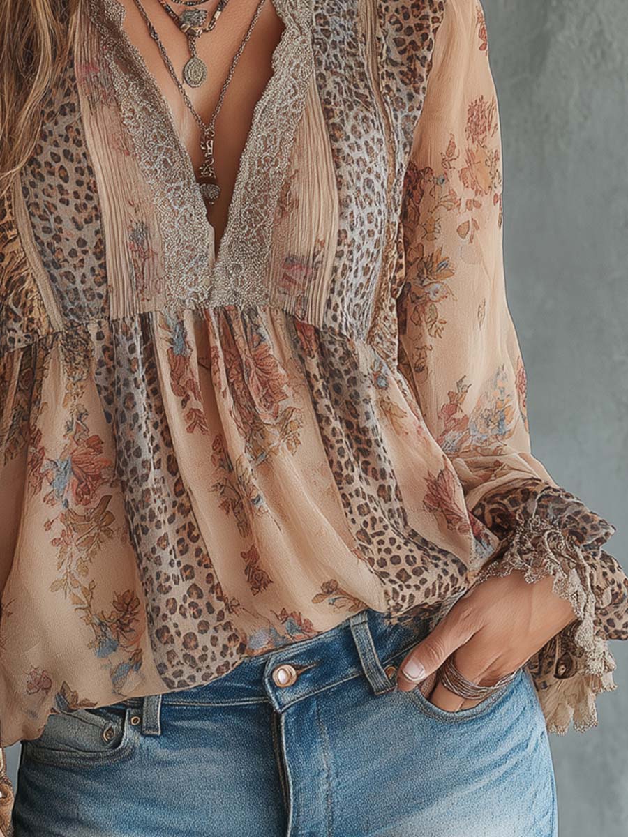 Vintage Leopard Print Floral Lace Blouse - Image 2