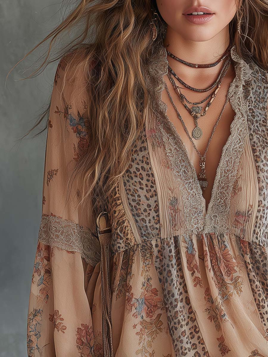 Vintage Leopard Print Floral Lace Blouse - Image 3