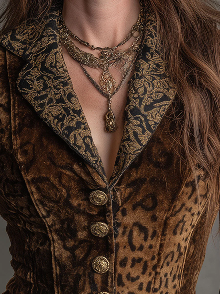 Vintage Leopard Print Gold Velvet Patchwork Vest - Image 2