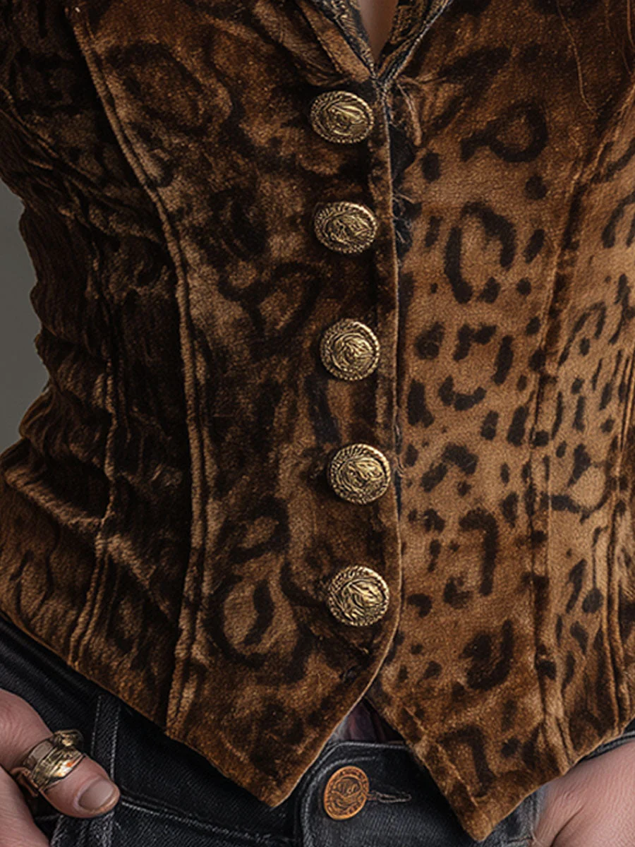 Vintage Leopard Print Gold Velvet Patchwork Vest - Image 3