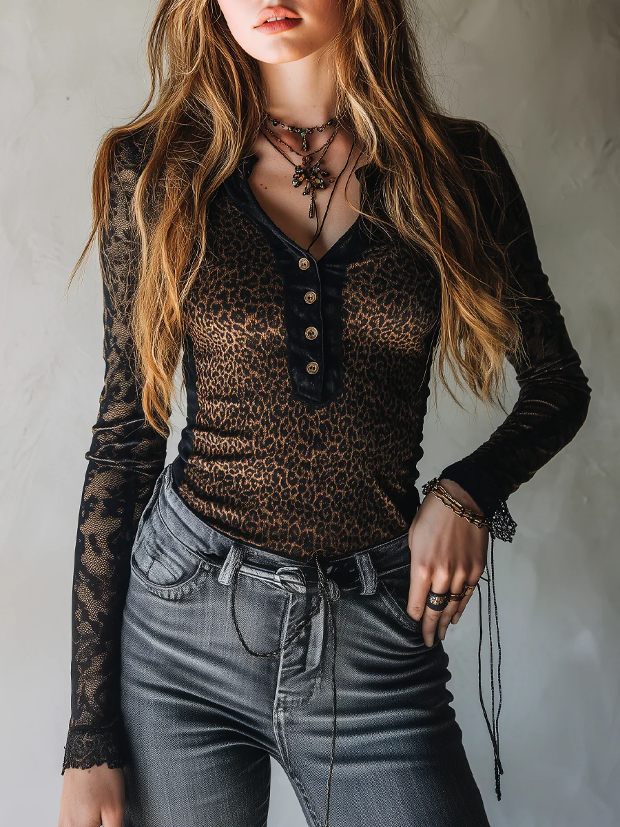 Vintage Leopard Print Henley Collar Lace Long Sleeve Blouse