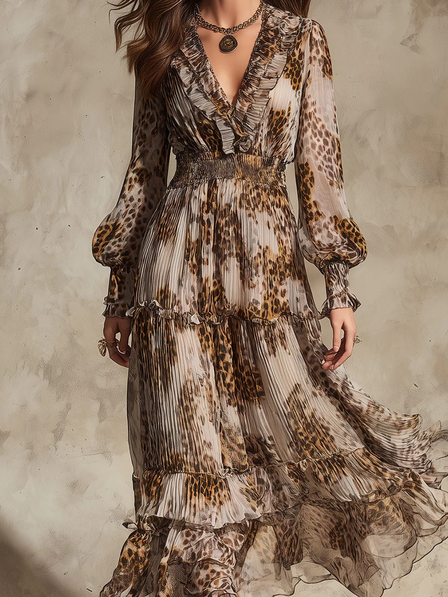 Vintage Leopard Print Ruffled Neckline Pleated Chiffon Maxi Dress - Image 2