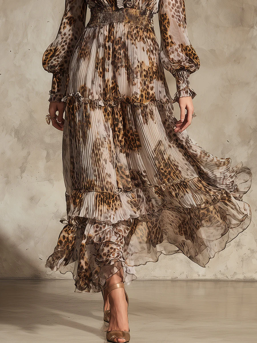 Vintage Leopard Print Ruffled Neckline Pleated Chiffon Maxi Dress - Image 3