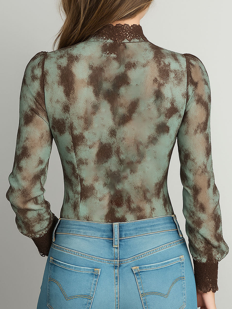 Vintage Mint Green And Brown Lace Patchwork Sheer Shirt - Image 4