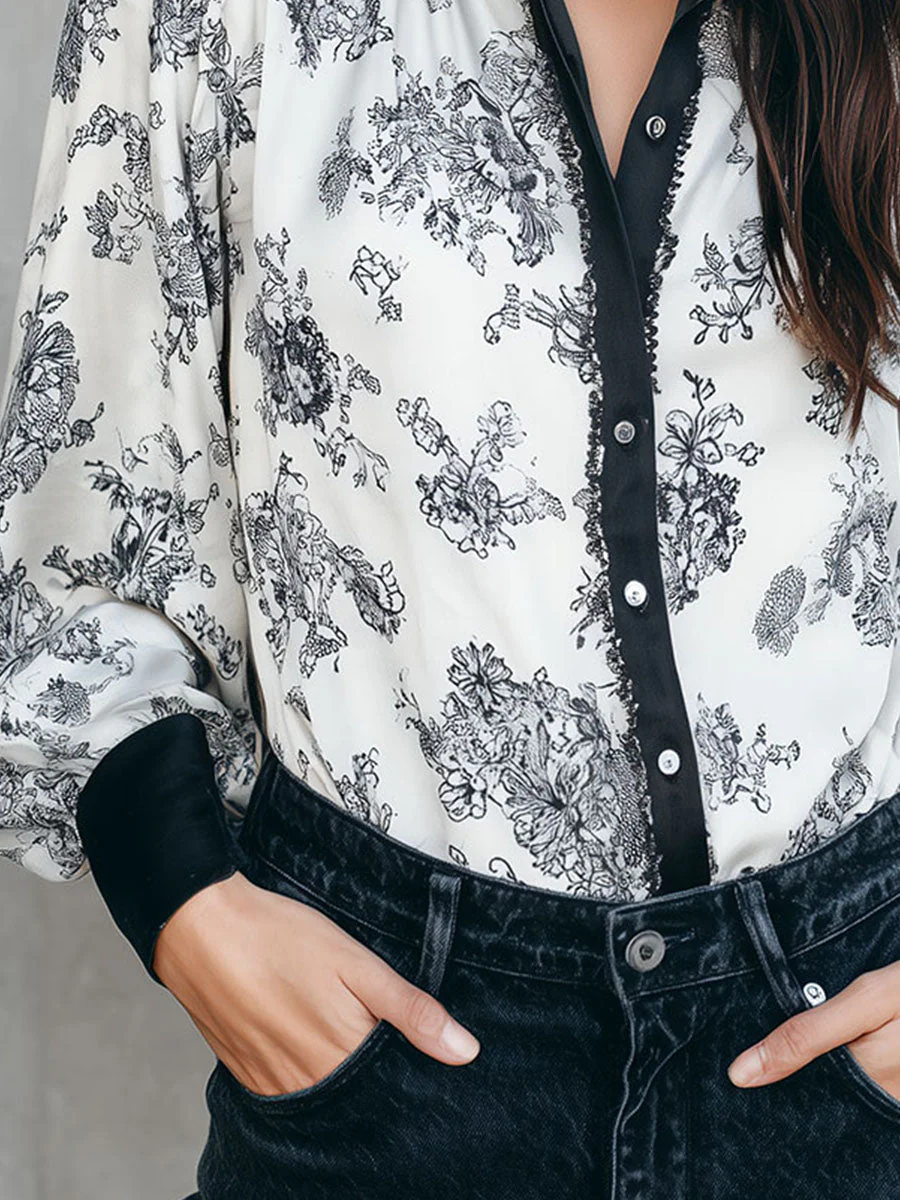 Vintage Monochrome Floral Silk Blouse With Contrast Trim - Image 3