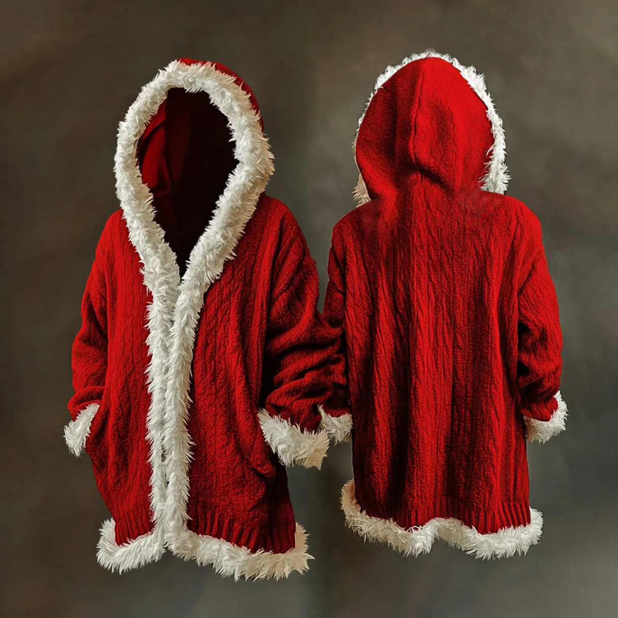 Vintage Mrs. Santa Christmas Furry Hooded Cardigan Sweater - Image 2