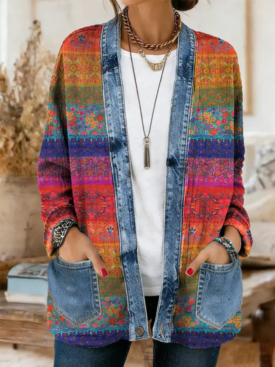 Vintage National Flower Stripes Women's Casual Long Sleeve Comfortable Denim Mix Cardigan