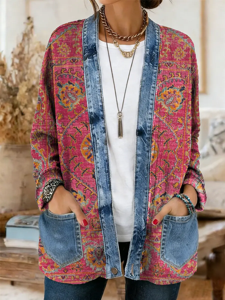 Vintage National Flower Women's Casual Long Sleeve Comfortable Denim Mix Cardigan
