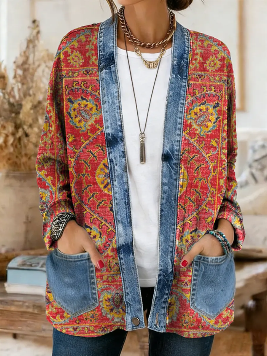 Vintage National Flower Women's Casual Long Sleeve Comfortable Denim Mix Cardigan - Image 2