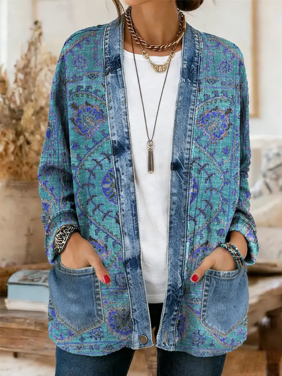 Vintage National Flower Women's Casual Long Sleeve Comfortable Denim Mix Cardigan - Image 3
