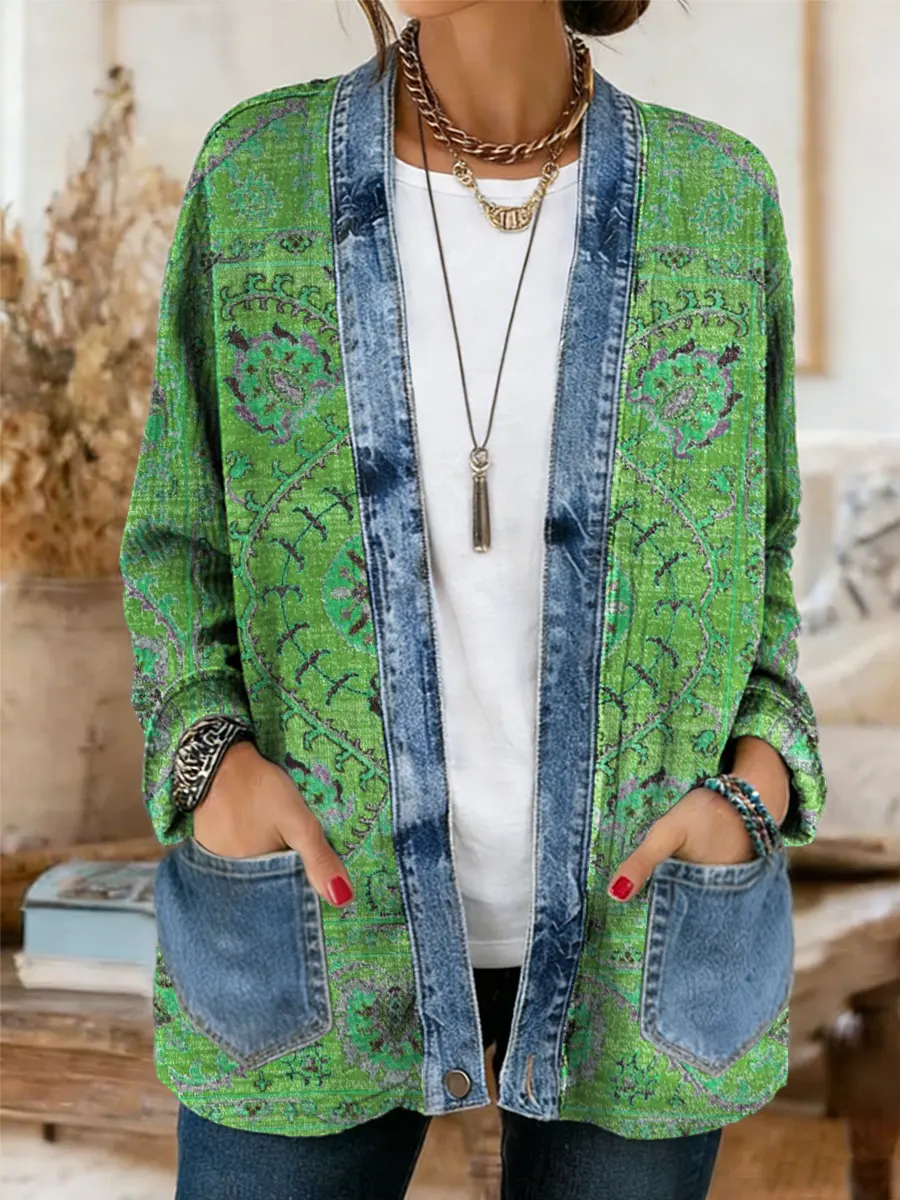 Vintage National Flower Women's Casual Long Sleeve Comfortable Denim Mix Cardigan - Image 4