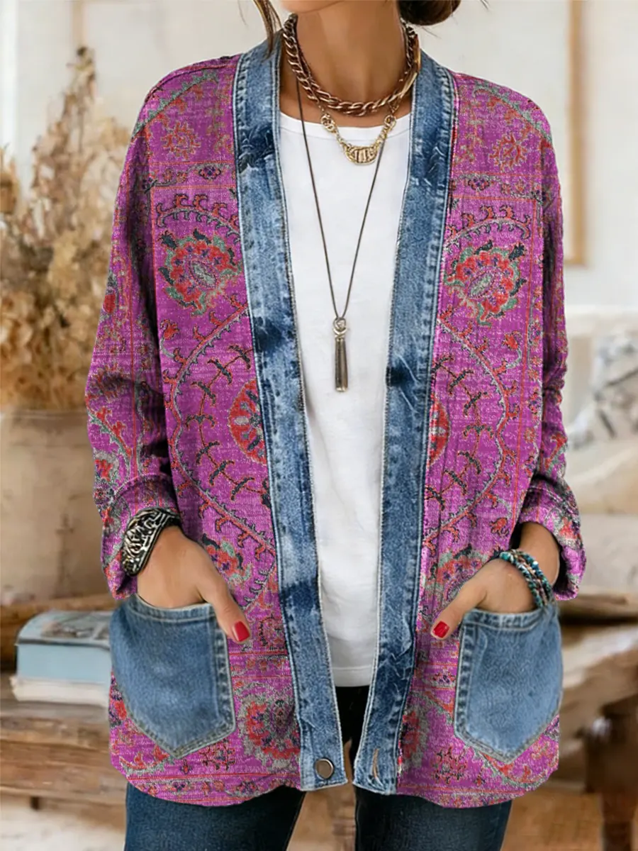 Vintage National Flower Women's Casual Long Sleeve Comfortable Denim Mix Cardigan - Image 5