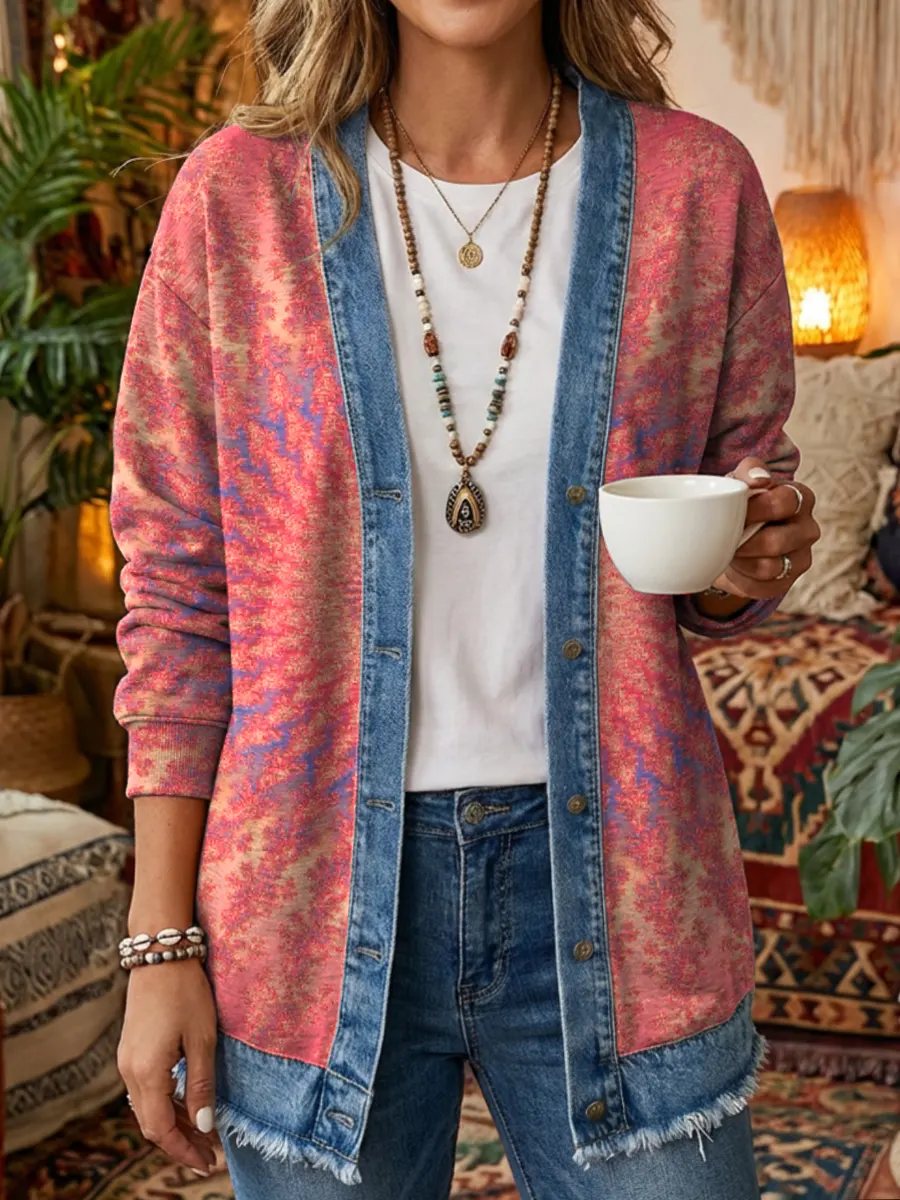 Vintage National Kaleidoscope Women's Art Print Casual Long Sleeve Denim Patchwork Shirt Coat - Image 2