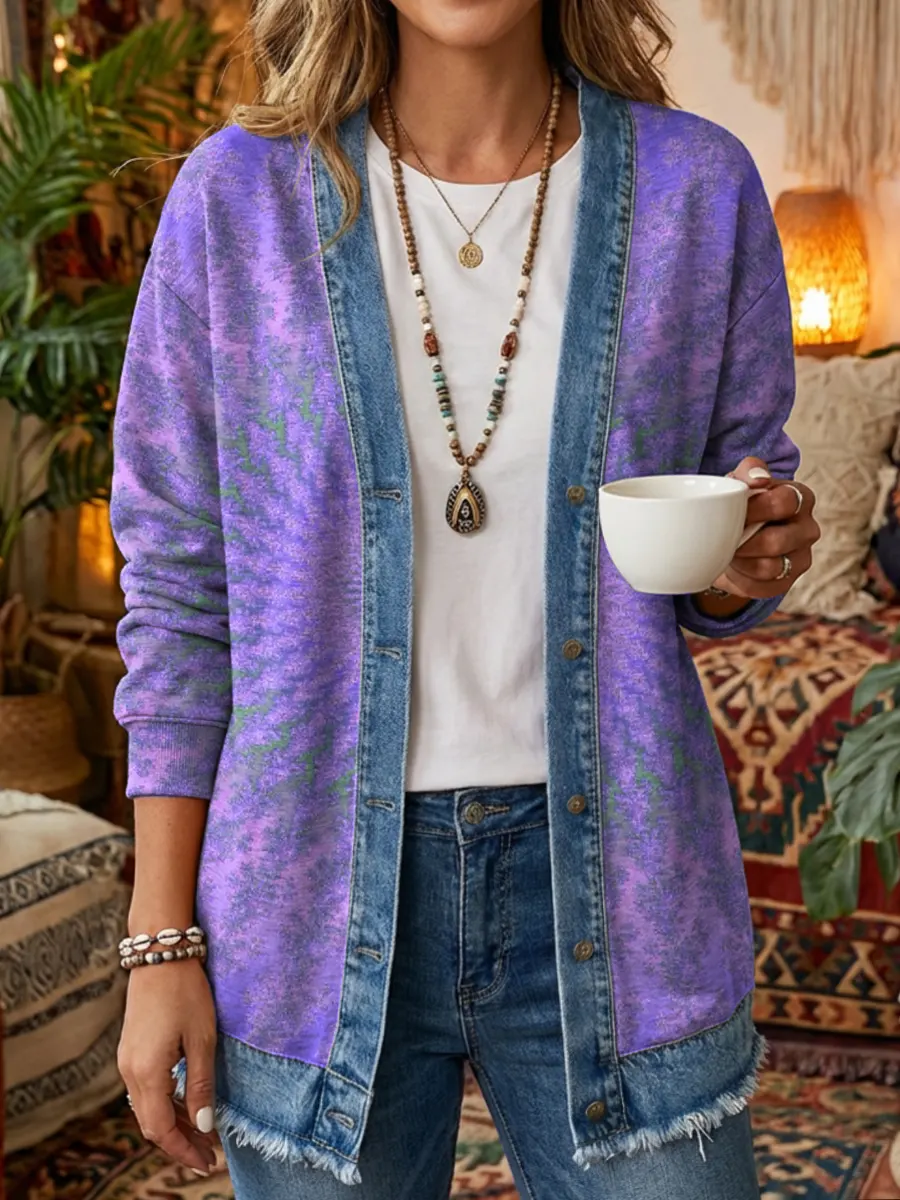 Vintage National Kaleidoscope Women's Art Print Casual Long Sleeve Denim Patchwork Shirt Coat - Image 3