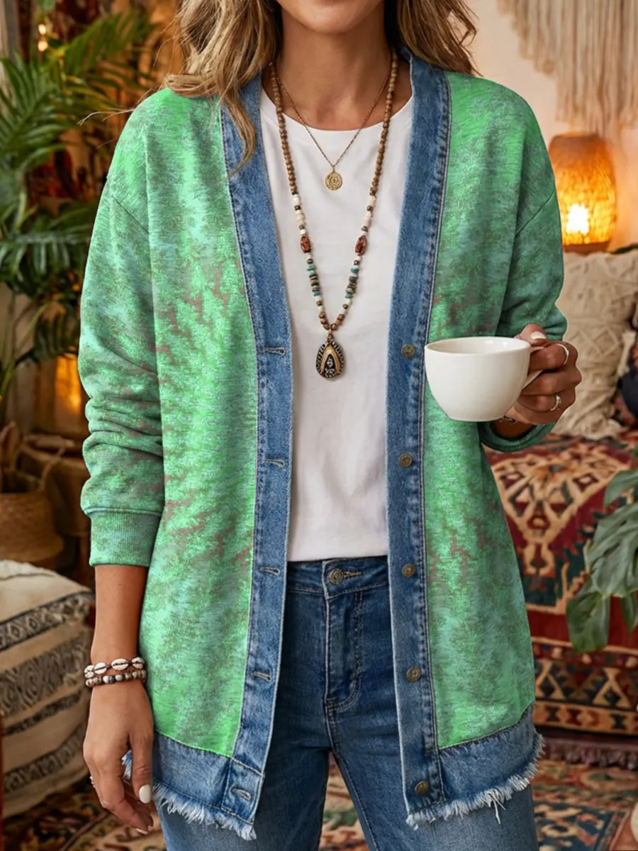 Vintage National Kaleidoscope Women's Art Print Casual Long Sleeve Denim Patchwork Shirt Coat - Image 4
