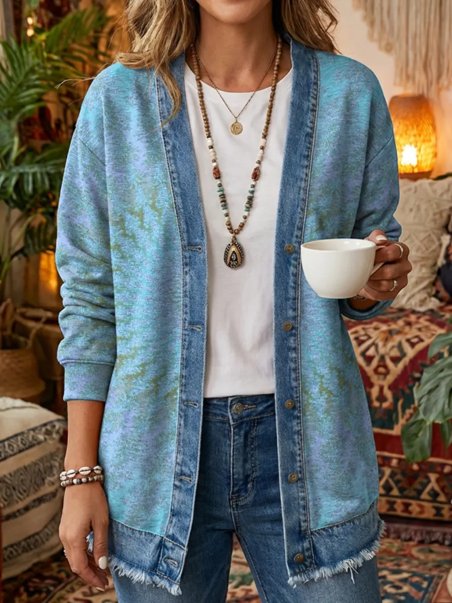 Vintage National Kaleidoscope Women's Art Print Casual Long Sleeve Denim Patchwork Shirt Coat - Image 5