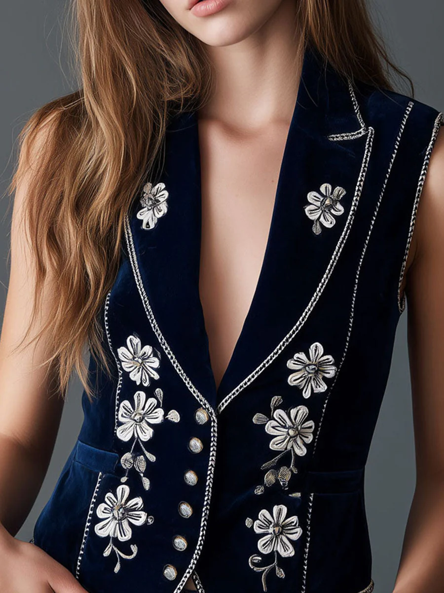 Vintage Navy Velvet Silver Floral Embroidered Vest - Image 3