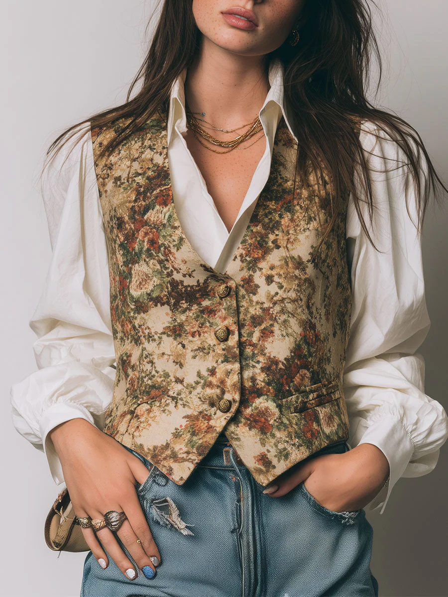 Vintage Oil Painting Flower Print Vest