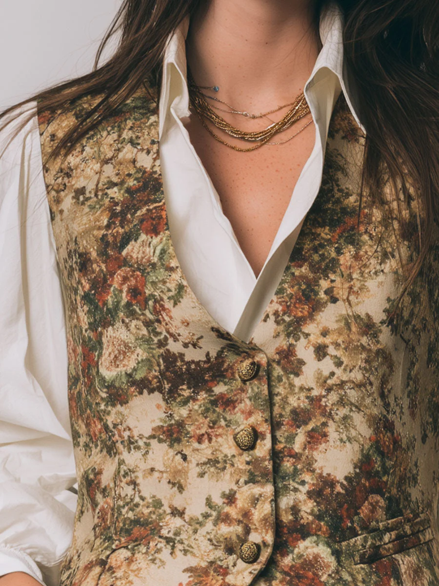 Vintage Oil Painting Flower Print Vest - Image 2