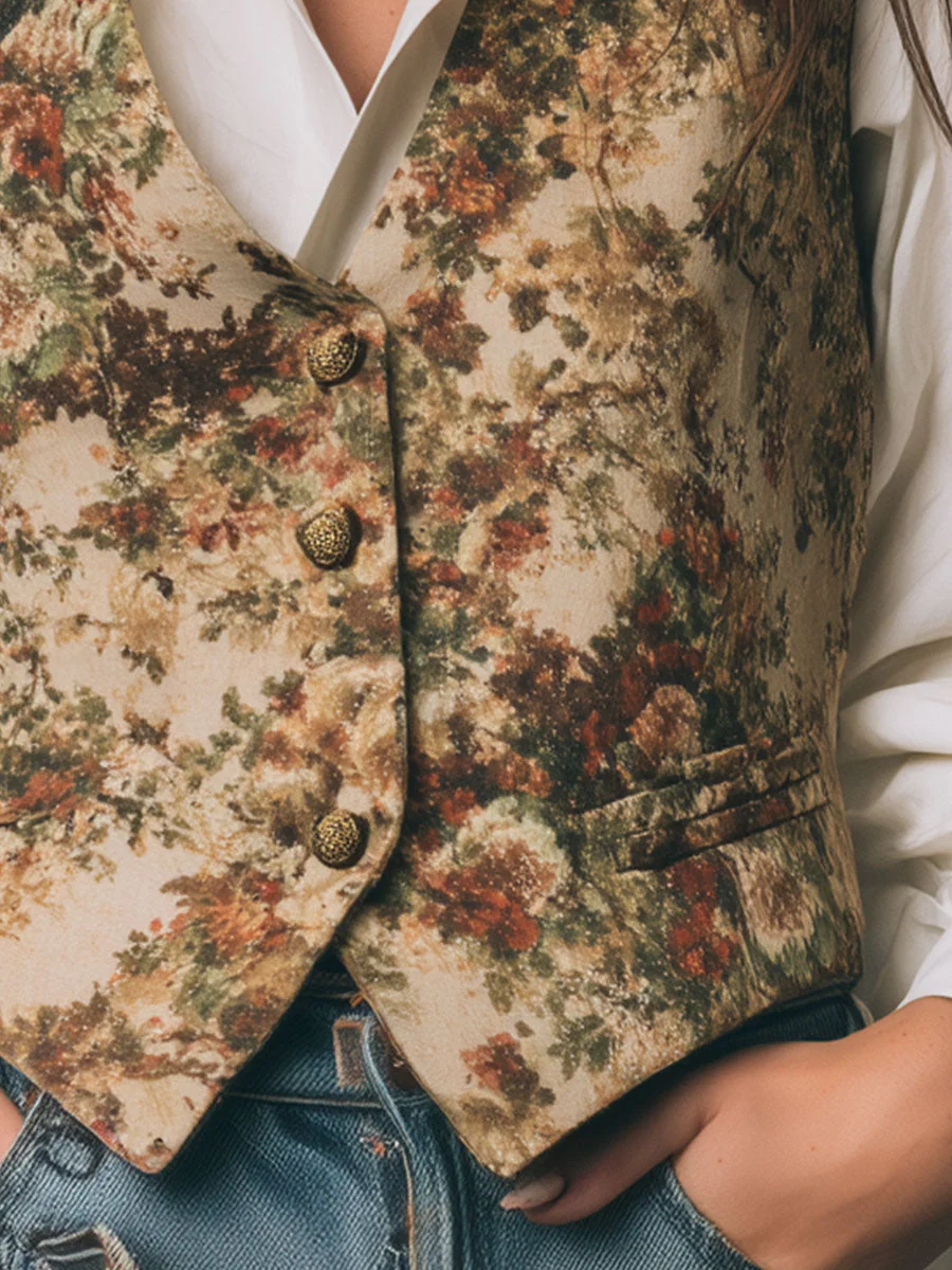 Vintage Oil Painting Flower Print Vest - Image 3