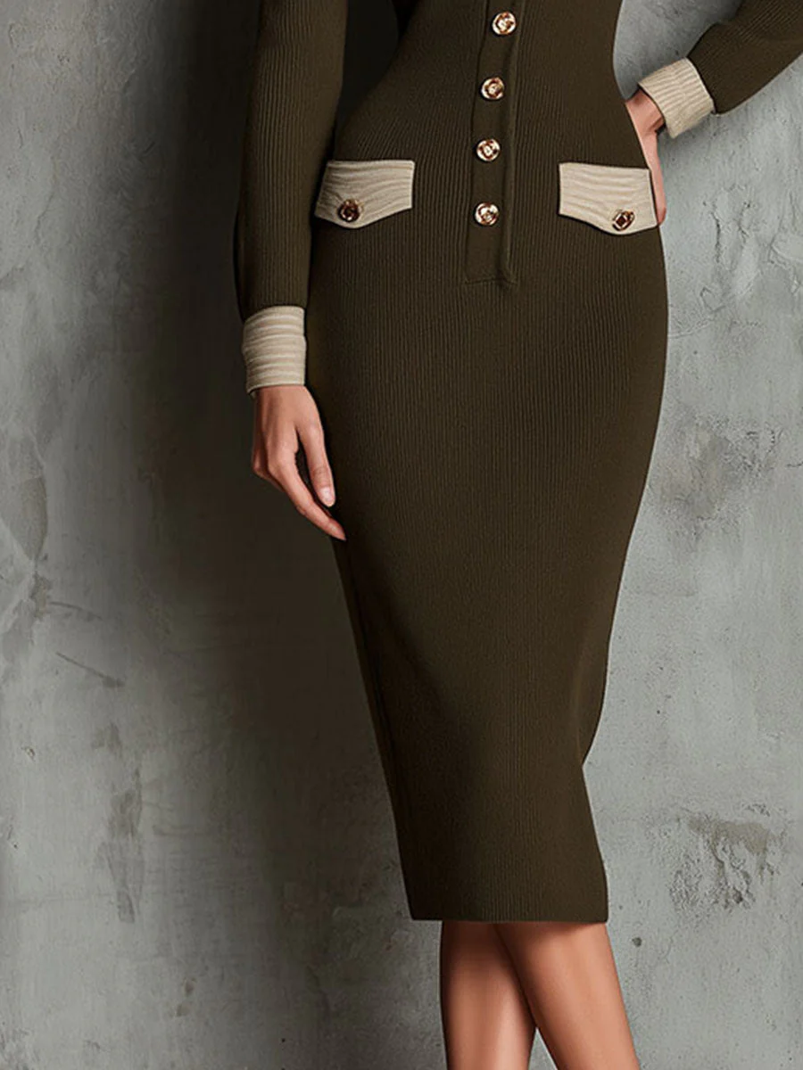 Vintage Olive Button Front Contrast-Trim Knit Midi Dress With Pockets - Image 2