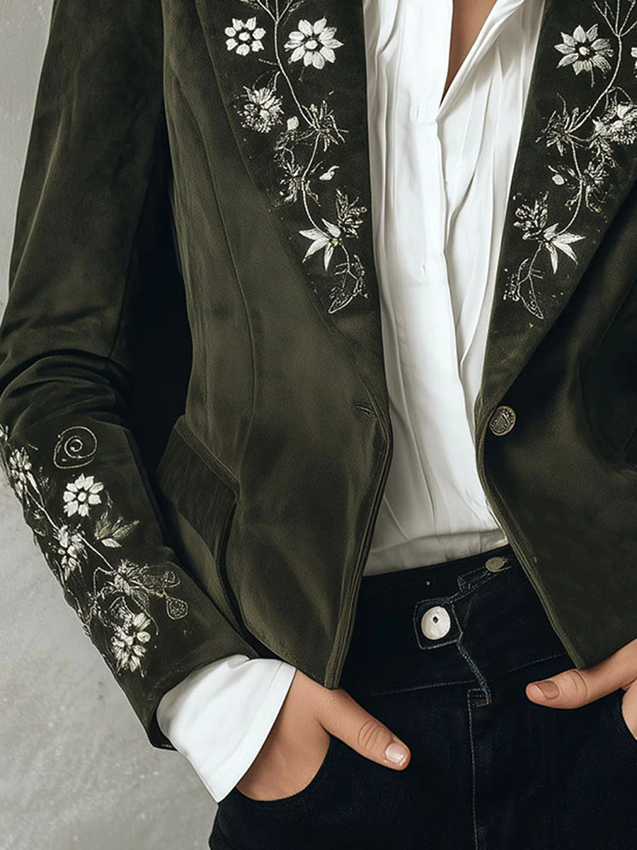 Vintage Olive Green Floral Embroidered Velvet Blazer - Image 3