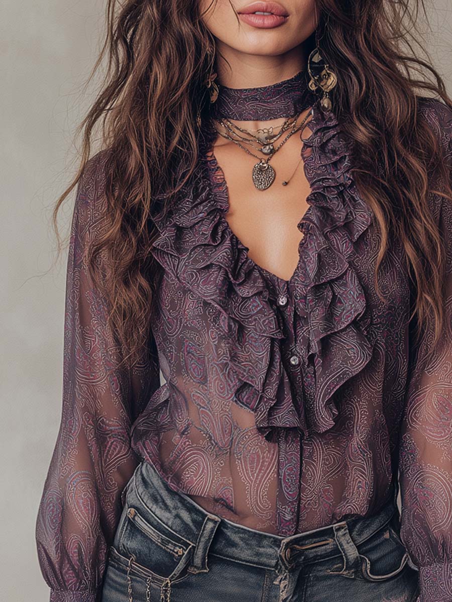 Vintage Paisley Print Ruffled Collar Chiffon Blouse - Image 2
