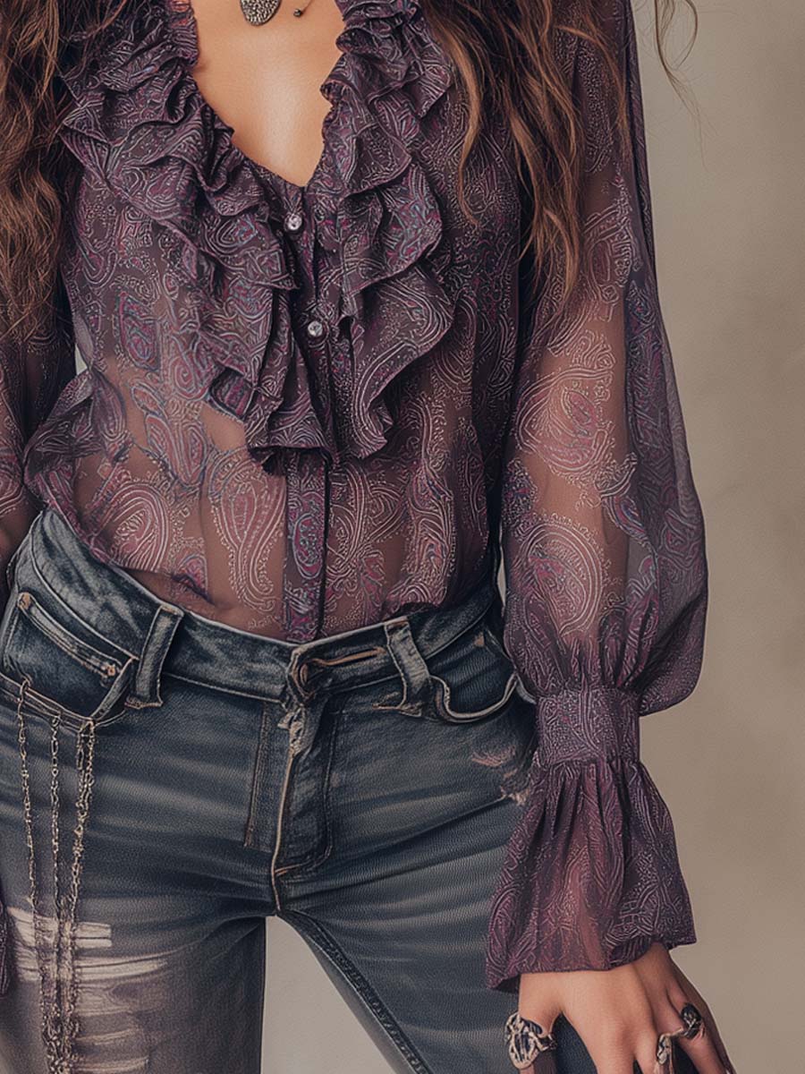 Vintage Paisley Print Ruffled Collar Chiffon Blouse - Image 3