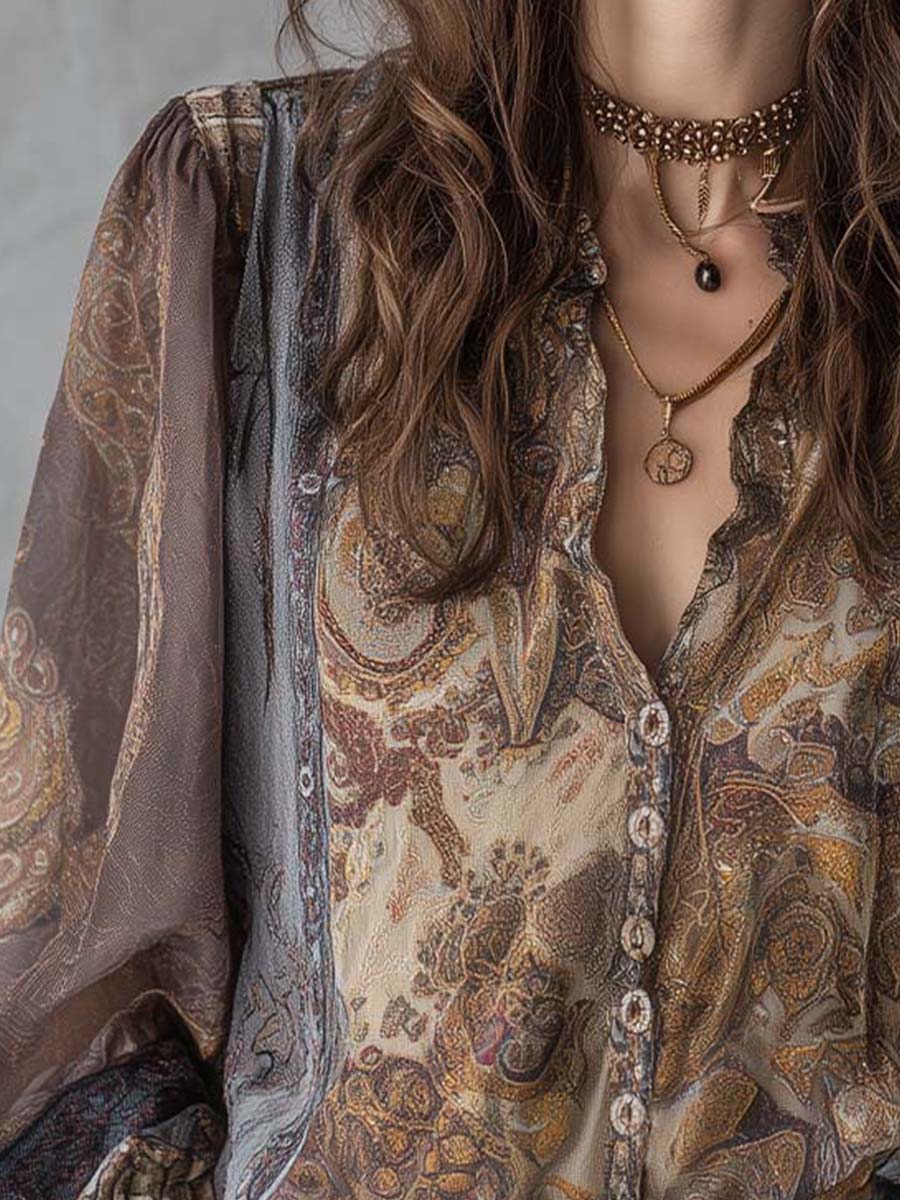 Vintage Paisley Sheer Blouse With Lace Cuff Detailing - Image 2