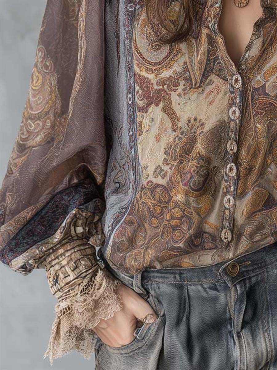 Vintage Paisley Sheer Blouse With Lace Cuff Detailing - Image 3