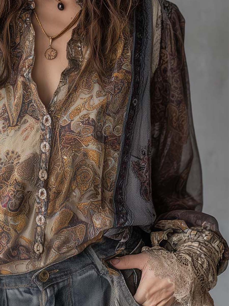 Vintage Paisley Sheer Blouse With Lace Cuff Detailing - Image 4