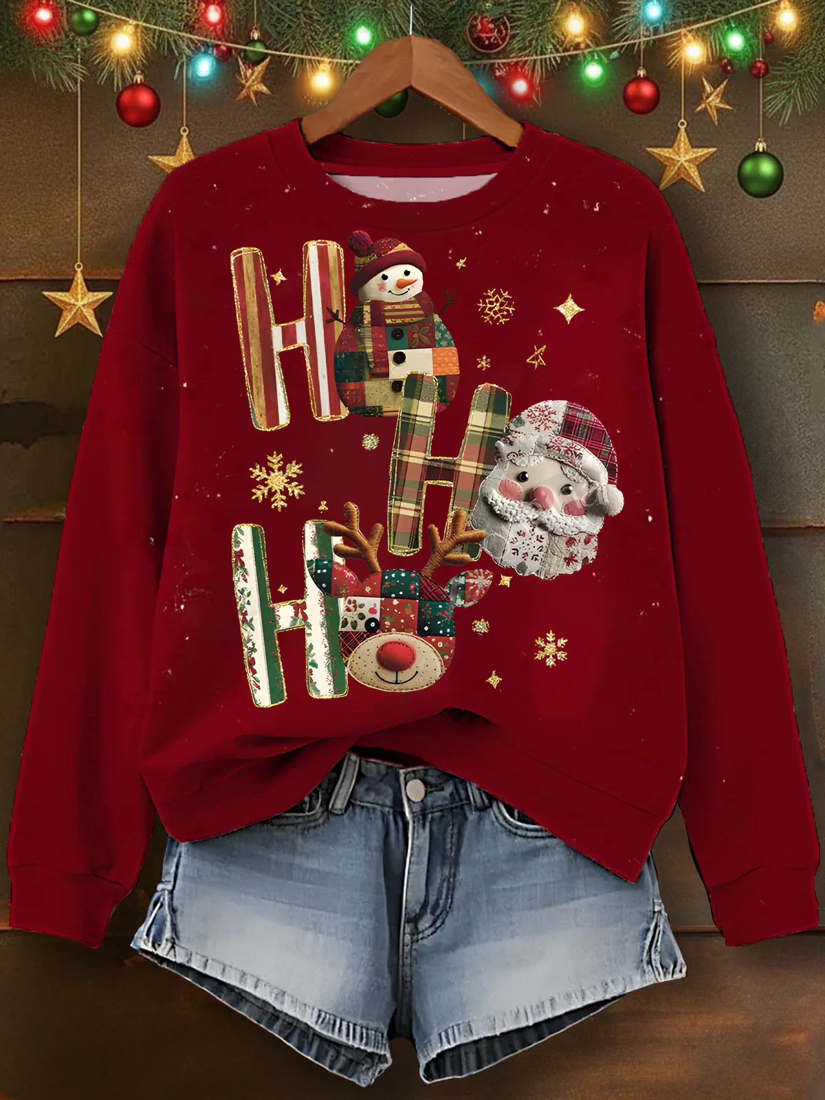 Vintage Patchwork Christmas Printed Long Sleeve Casual Top