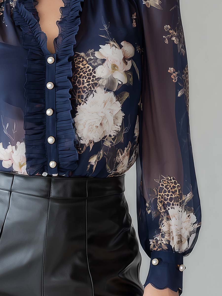 Vintage Pearl Ruffle Leopard Print Floral Chiffon Blouse - Image 3