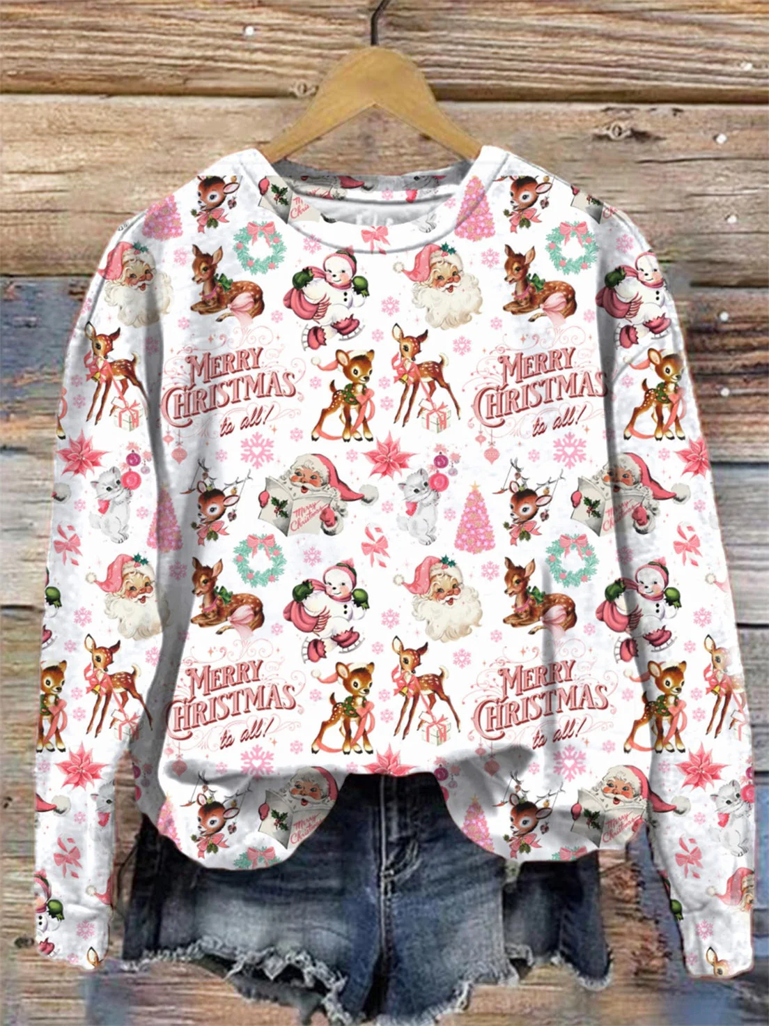Vintage Pink Christmas Santa Holiday Print Long Sleeve Top - Image 2