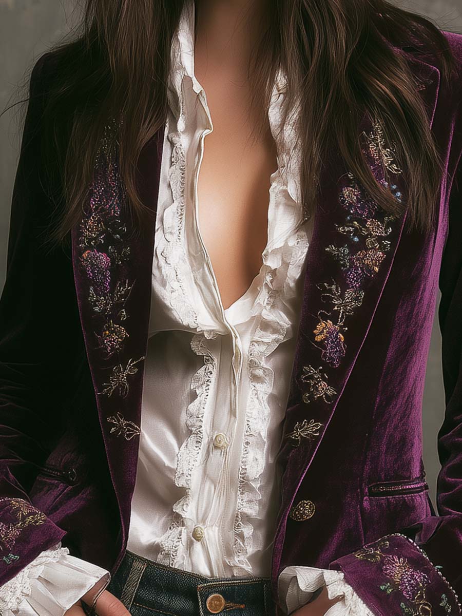 Vintage Plum Velvet Embroidered Blazer - Image 2