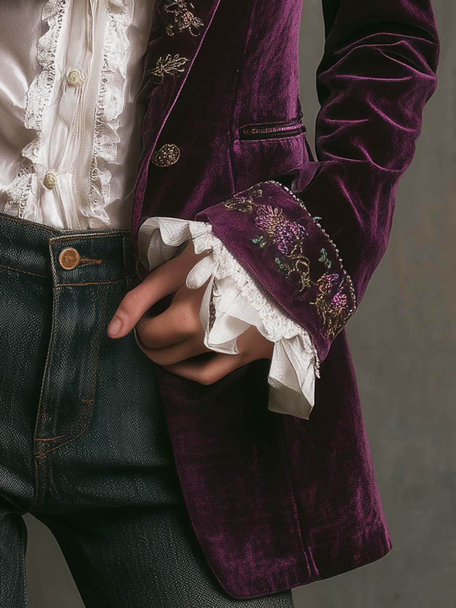 Vintage Plum Velvet Embroidered Blazer - Image 3