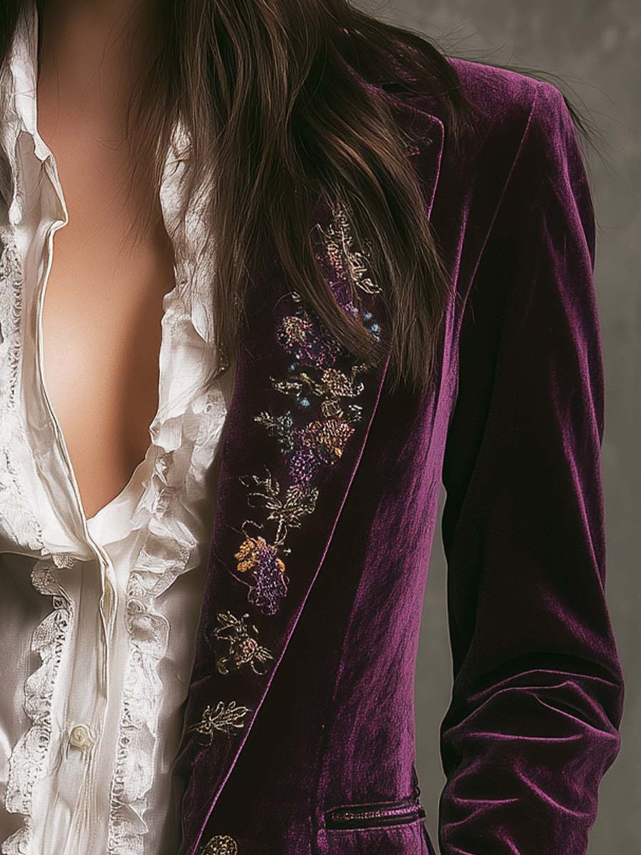 Vintage Plum Velvet Embroidered Blazer - Image 5
