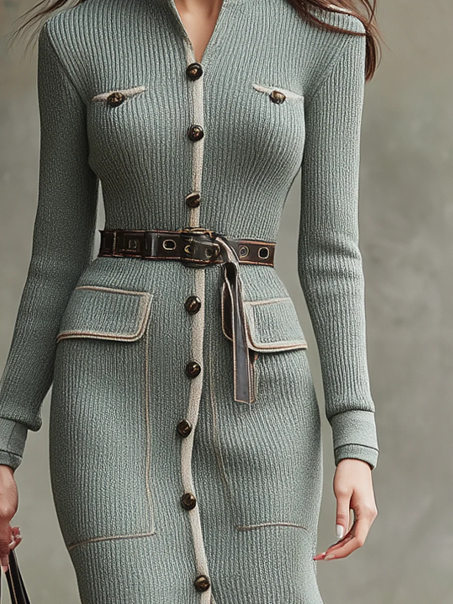 Vintage Pocket Contrast Trim Knit Midi Dress - Image 3