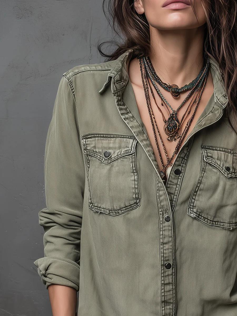 Vintage Pockets Long Sleeve Washed Blouse - Image 2