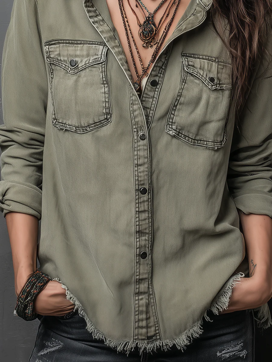Vintage Pockets Long Sleeve Washed Blouse - Image 3