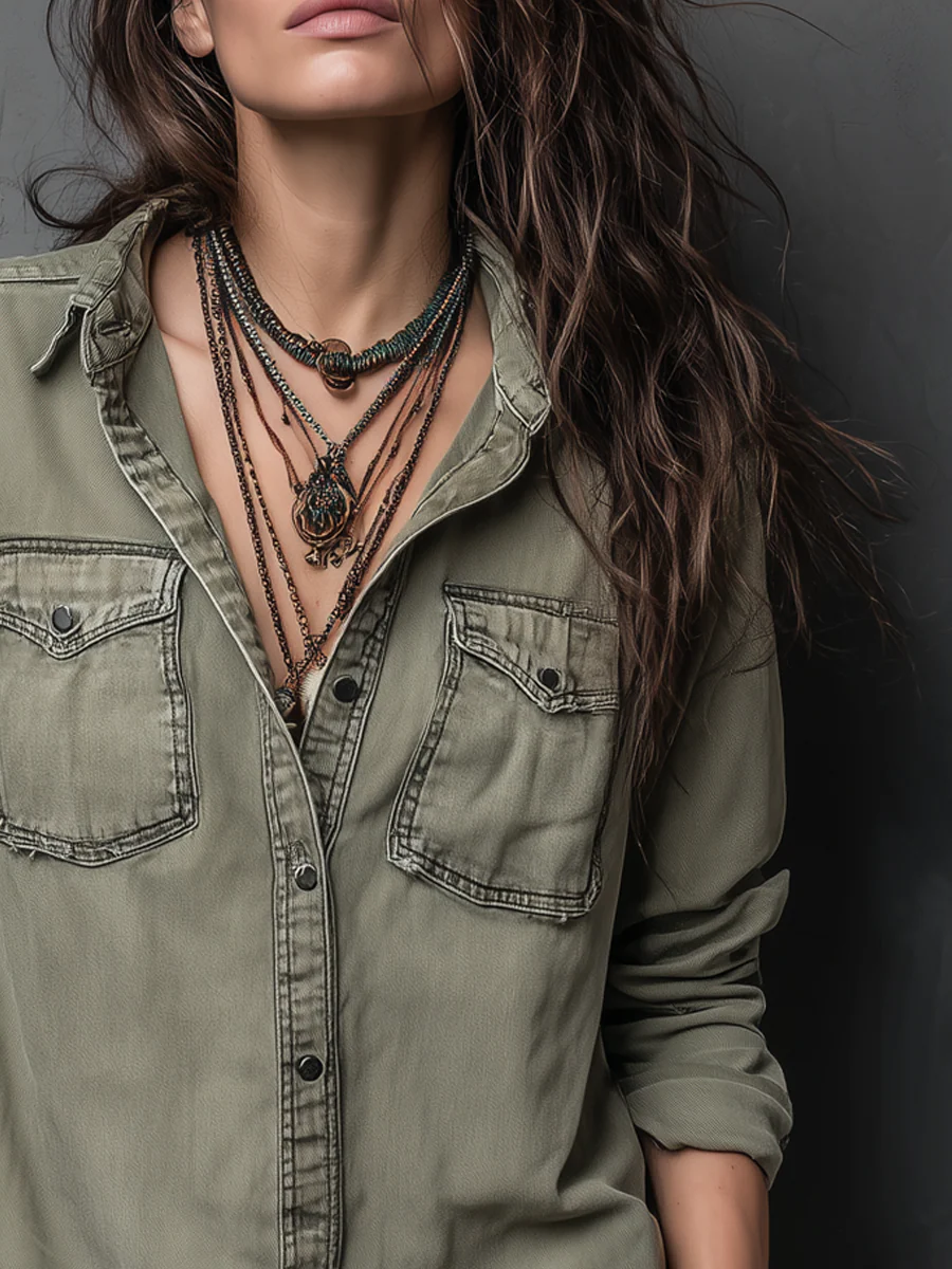 Vintage Pockets Long Sleeve Washed Blouse - Image 4
