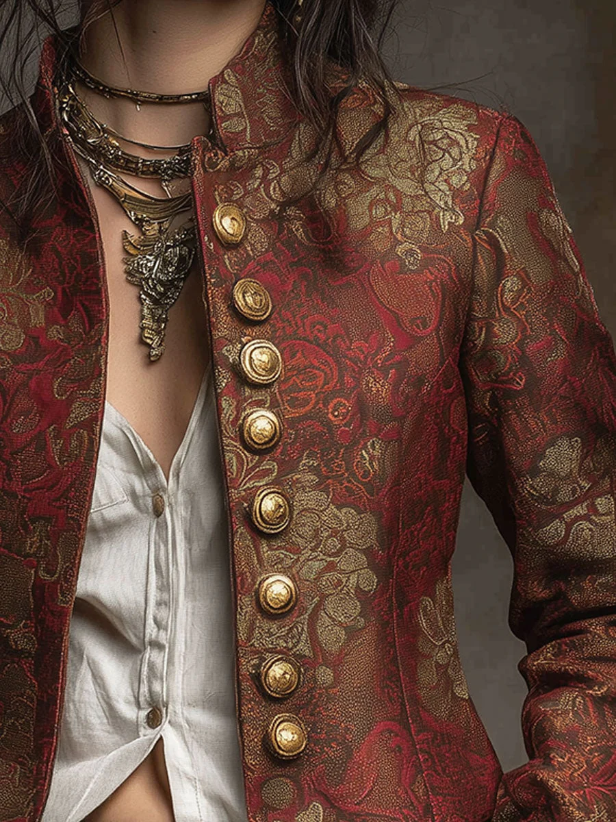 Vintage Print Metal Button Short Blazer - Image 2