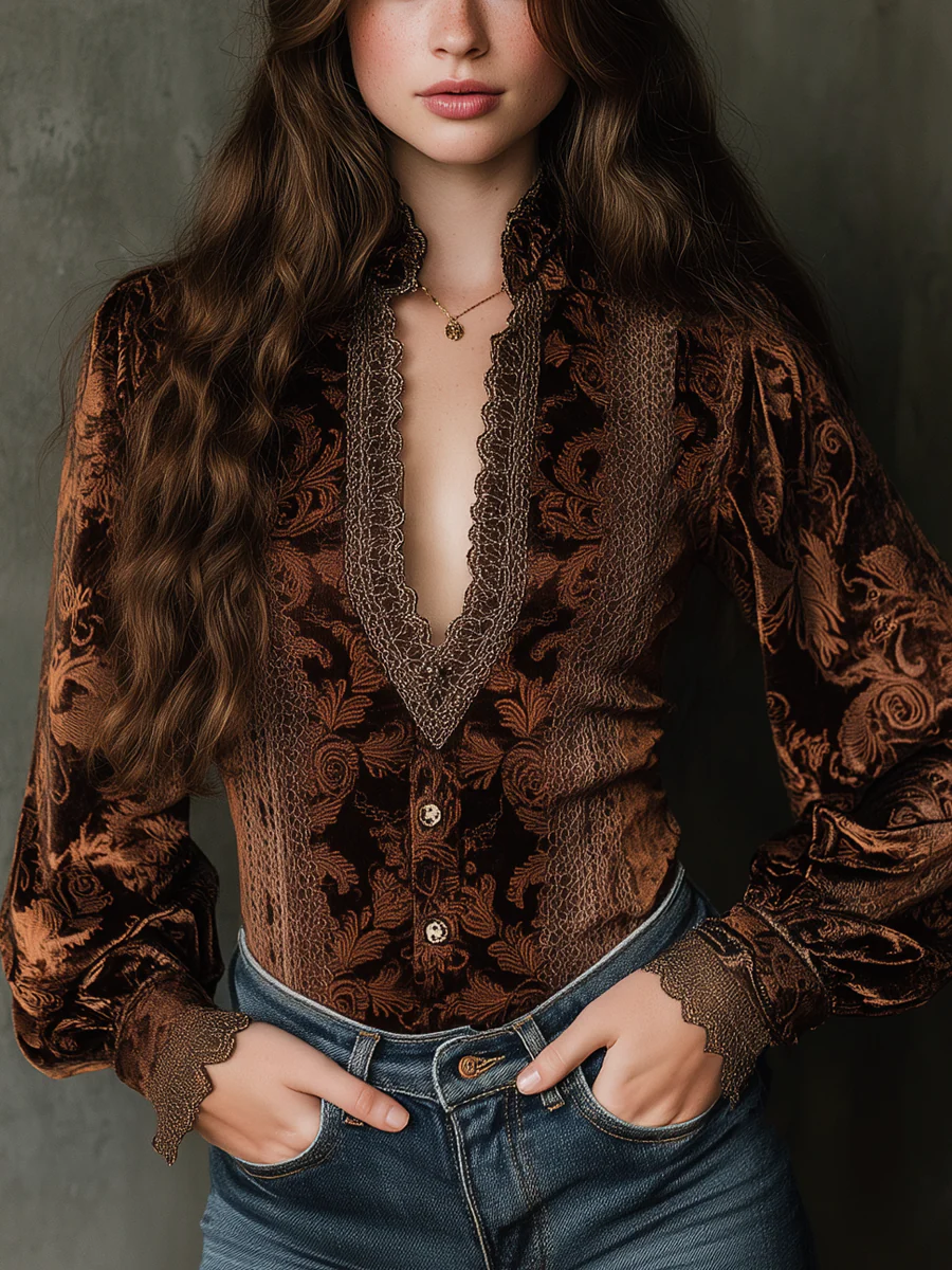 Vintage Printed Lace Trim Poly Velvet Blouse